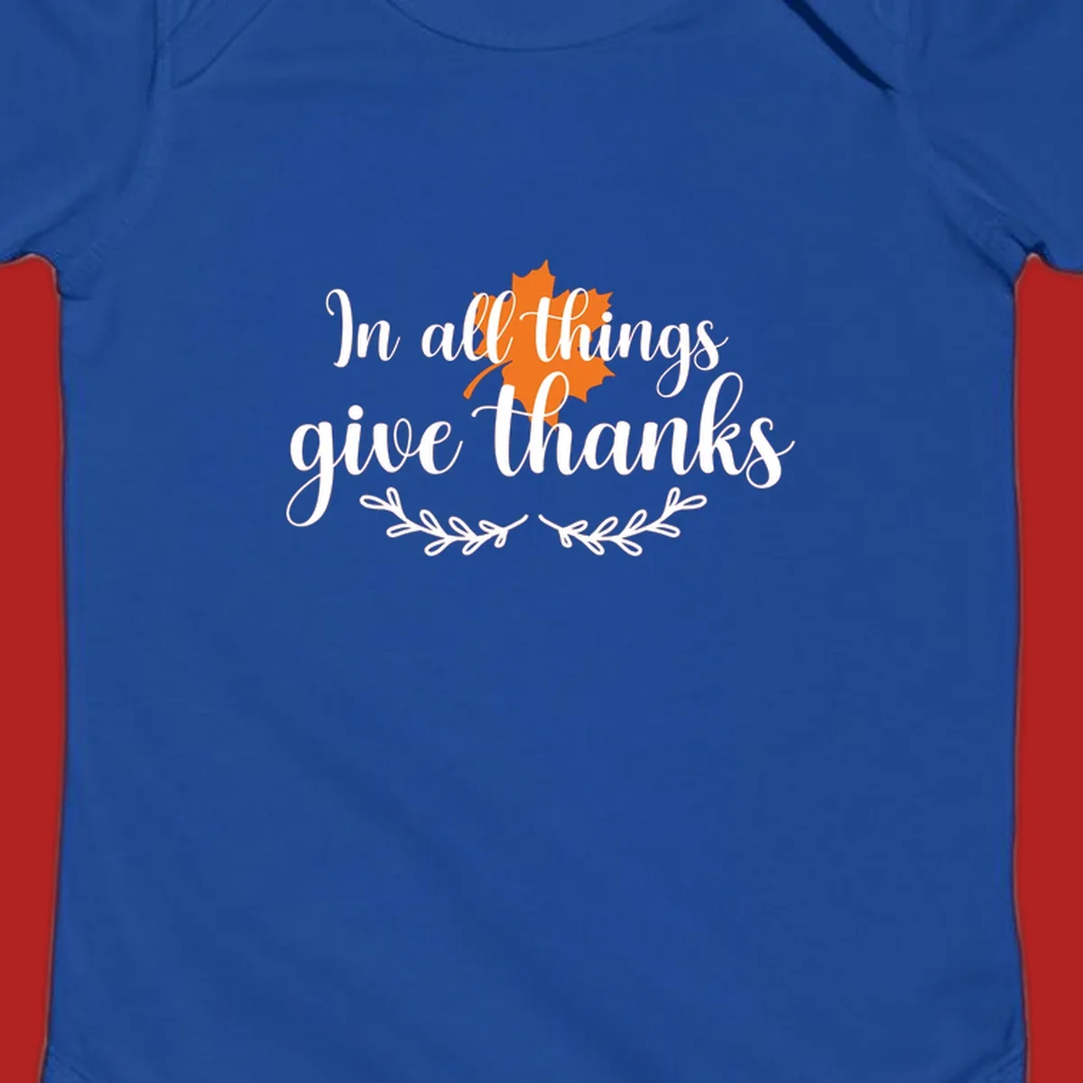 Thanksgiving typography with orange maple leaf and 'In all things give thanks' text.