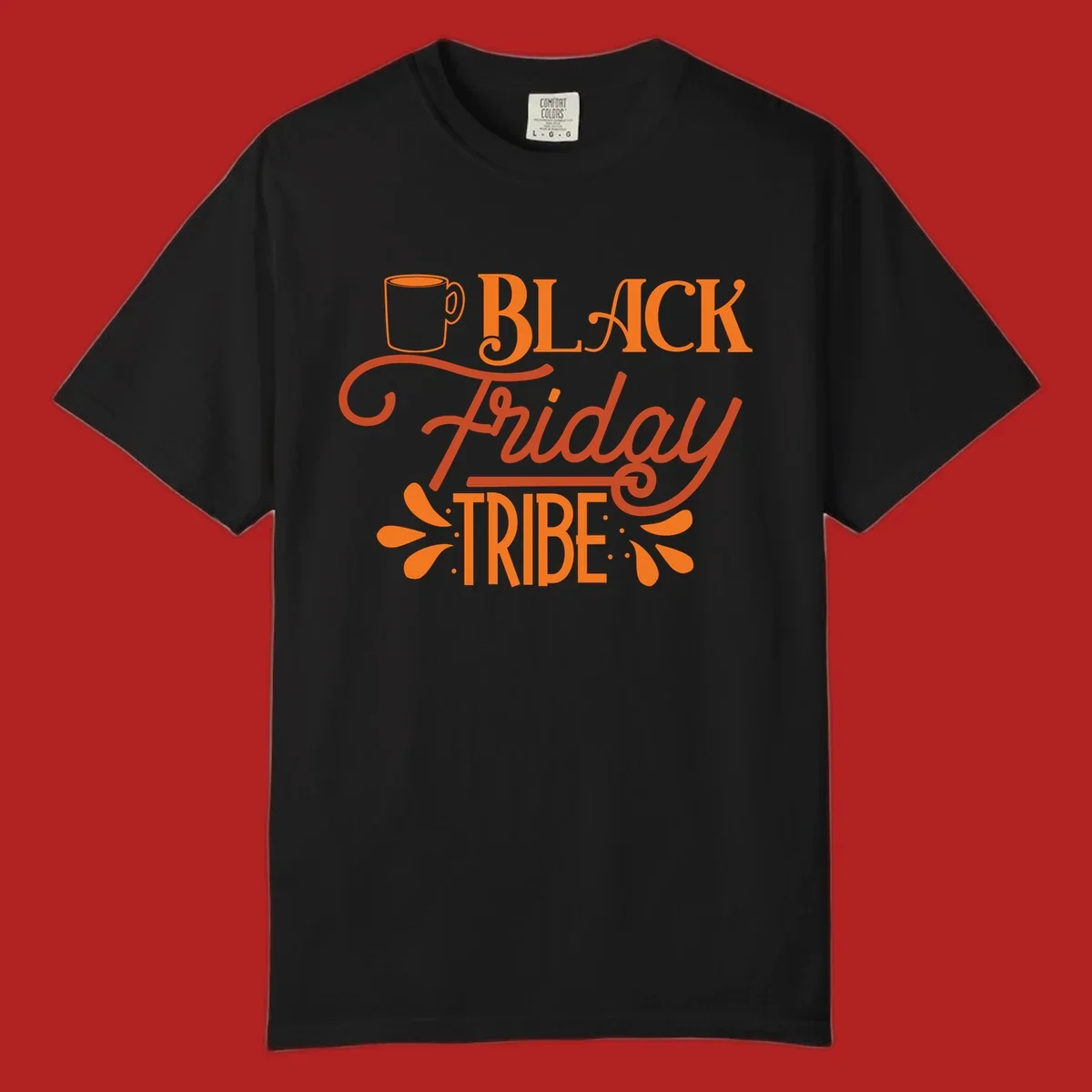 Black Friday Tribe text and coffee mug design, orange and white on black and white backgrounds.