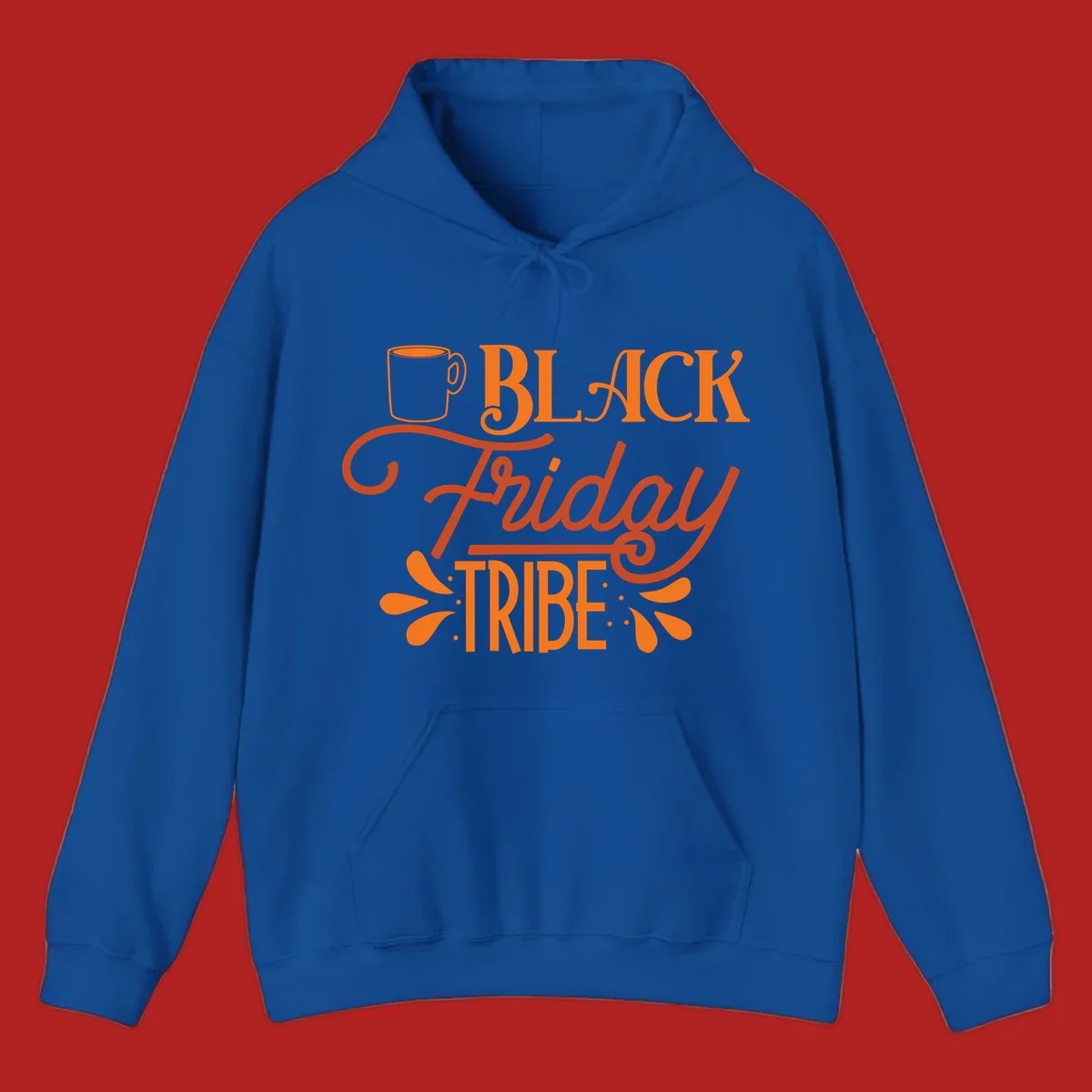Black Friday Tribe text and coffee mug design, orange and white on black and white backgrounds.