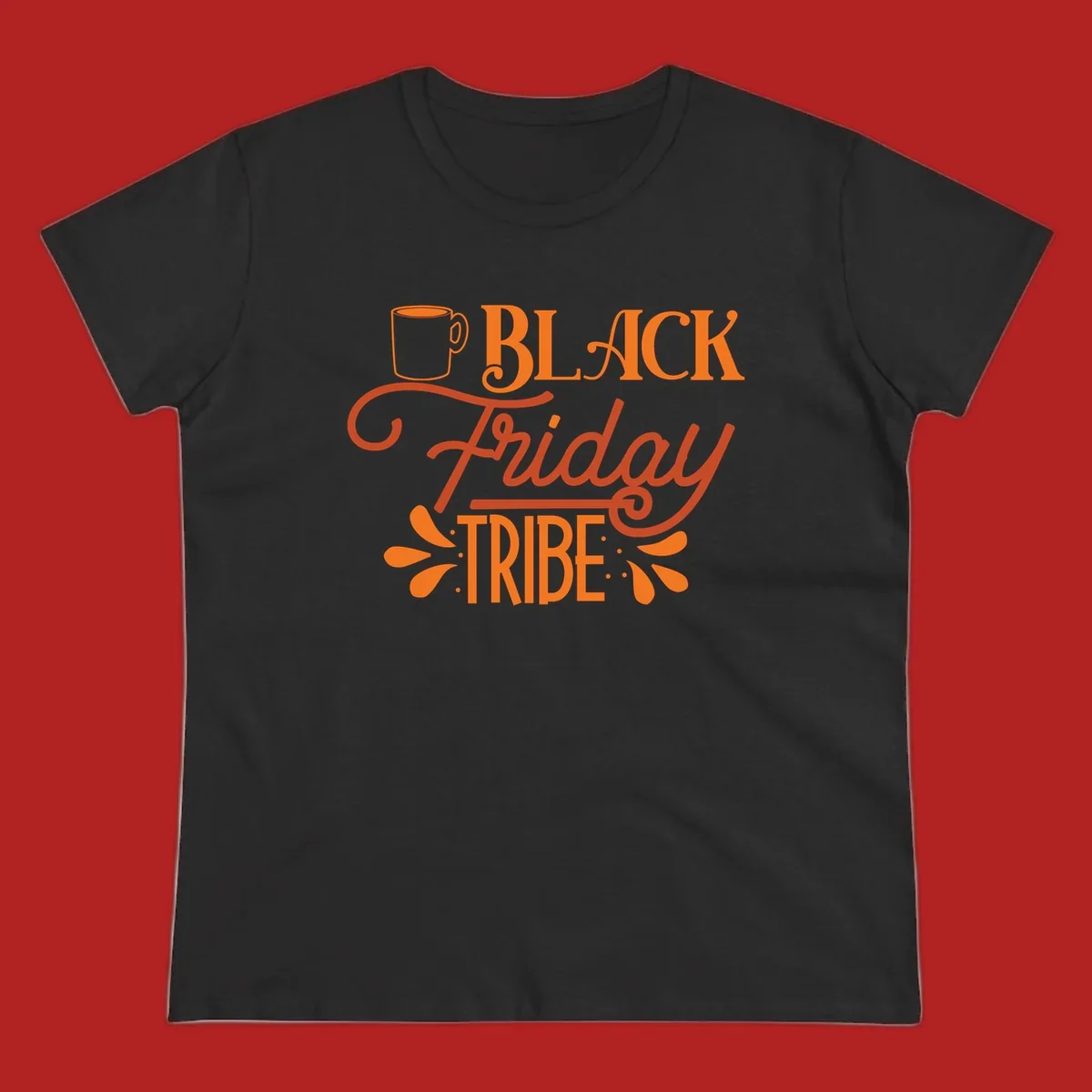 Black Friday Tribe text and coffee mug design, orange and white on black and white backgrounds.