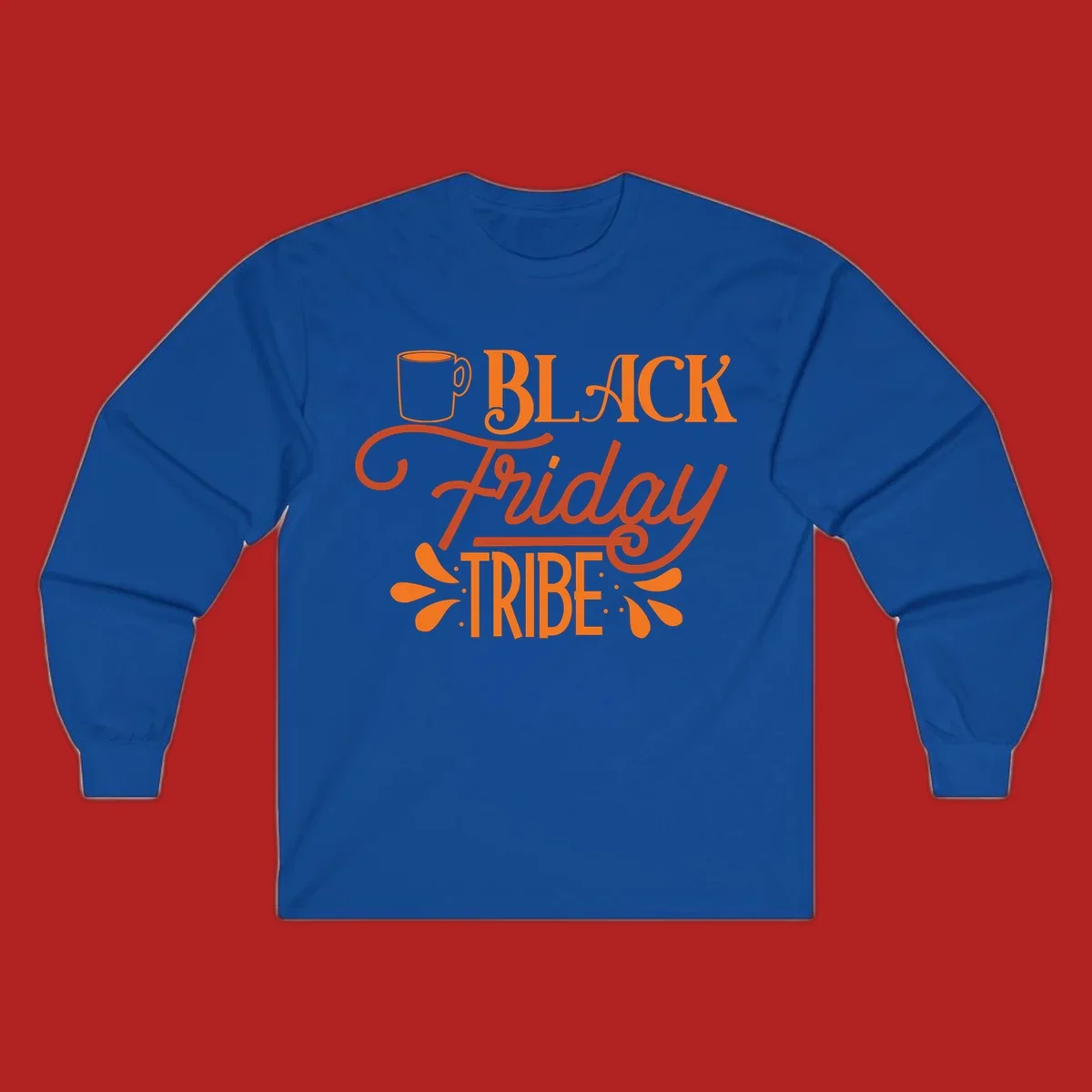Black Friday Tribe text and coffee mug design, orange and white on black and white backgrounds.