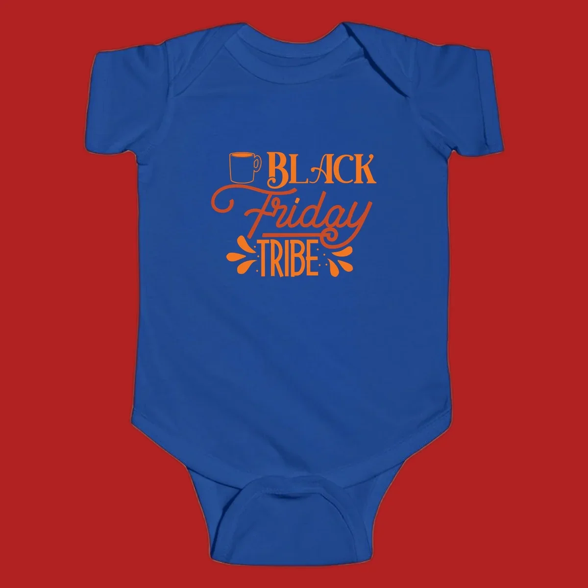 Black Friday Tribe text and coffee mug design, orange and white on black and white backgrounds.