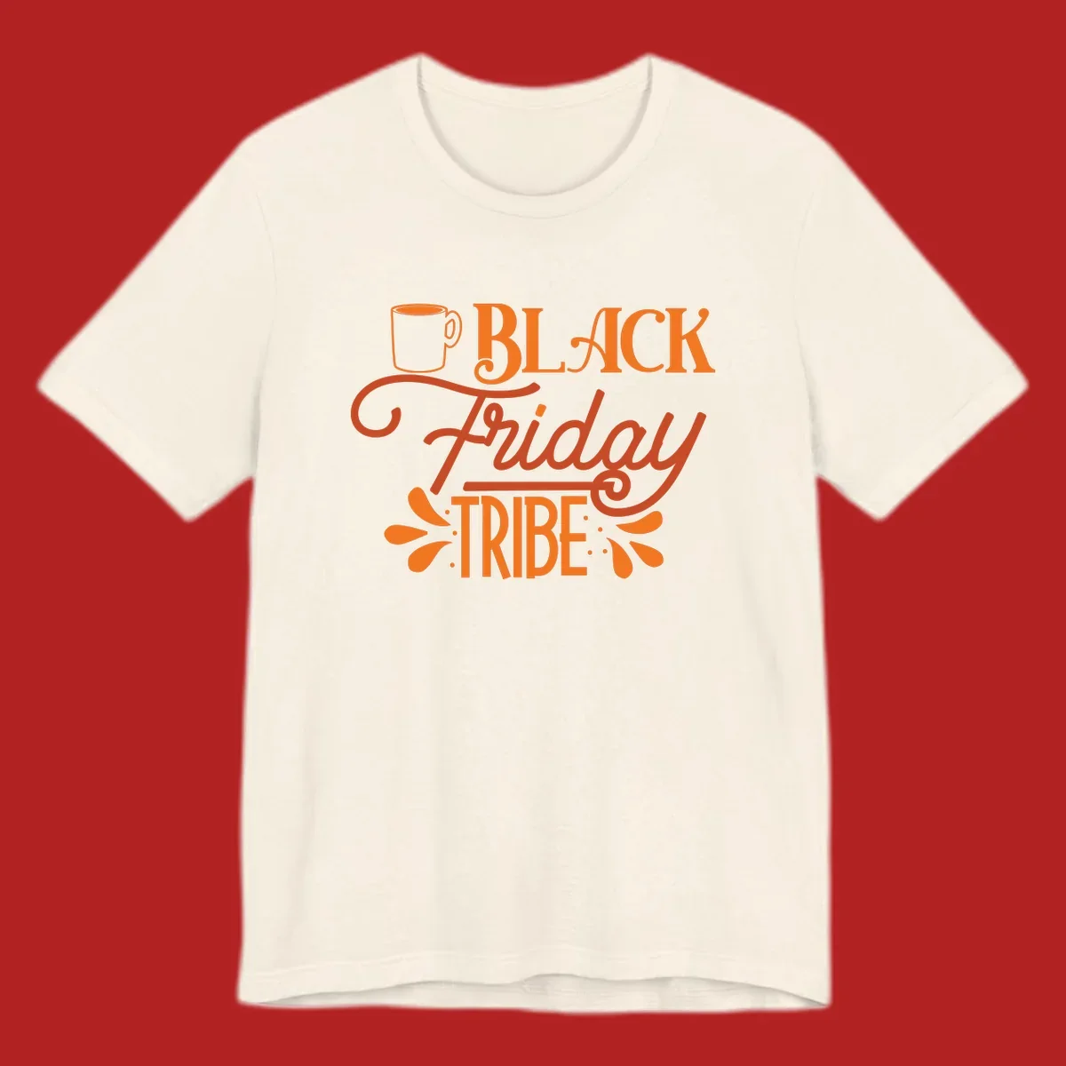 Black Friday Tribe text and coffee mug design, orange and white on black and white backgrounds.