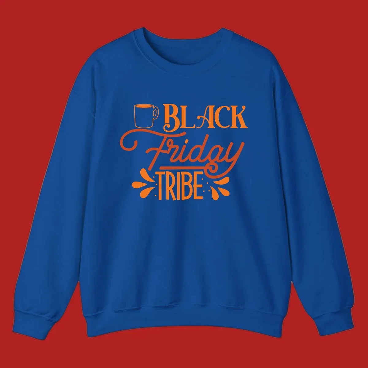 Black Friday Tribe text and coffee mug design, orange and white on black and white backgrounds.