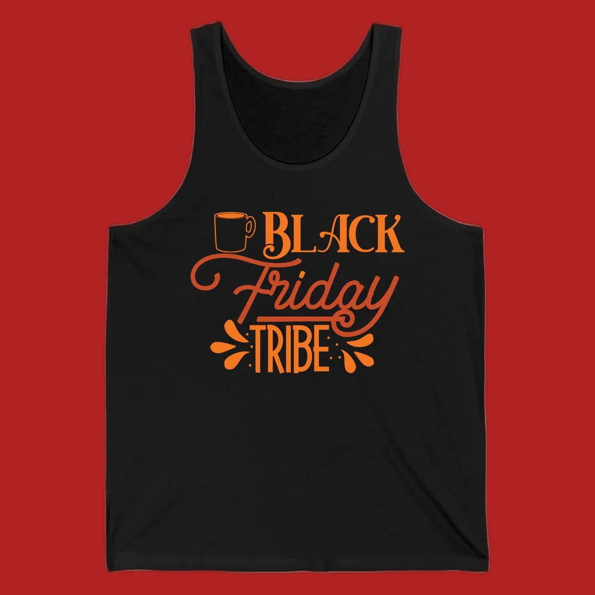 Black Friday Tribe text and coffee mug design, orange and white on black and white backgrounds.