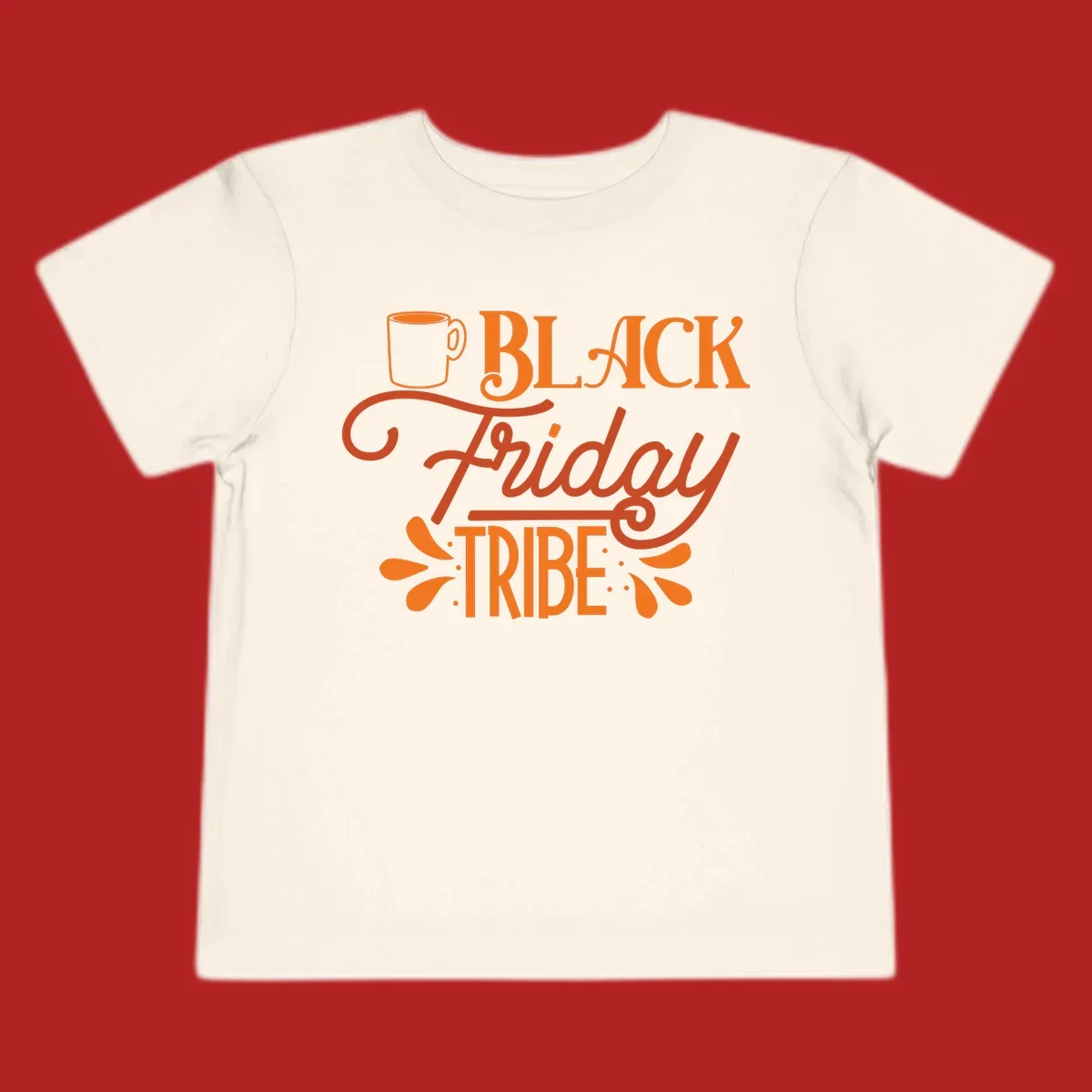 Black Friday Tribe text and coffee mug design, orange and white on black and white backgrounds.