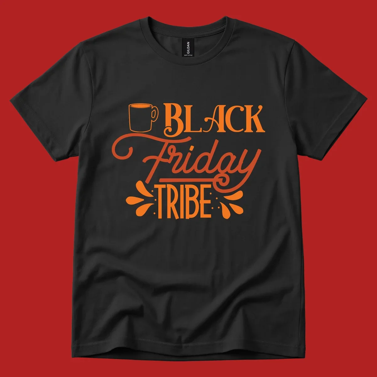 Black Friday Tribe text and coffee mug design, orange and white on black and white backgrounds.