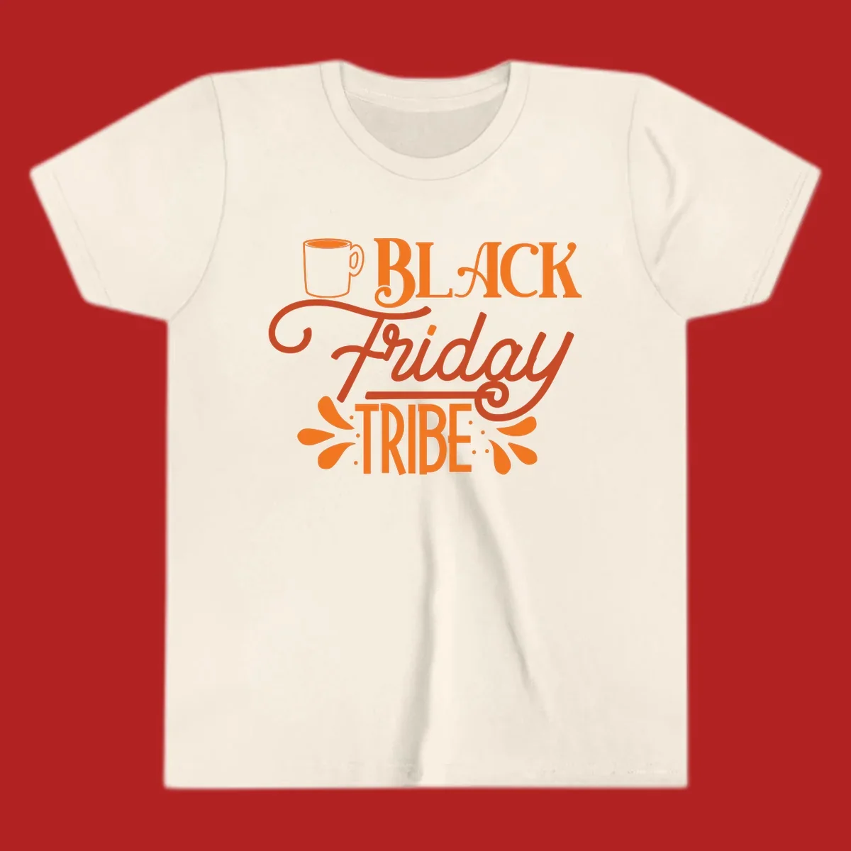 Black Friday Tribe text and coffee mug design, orange and white on black and white backgrounds.