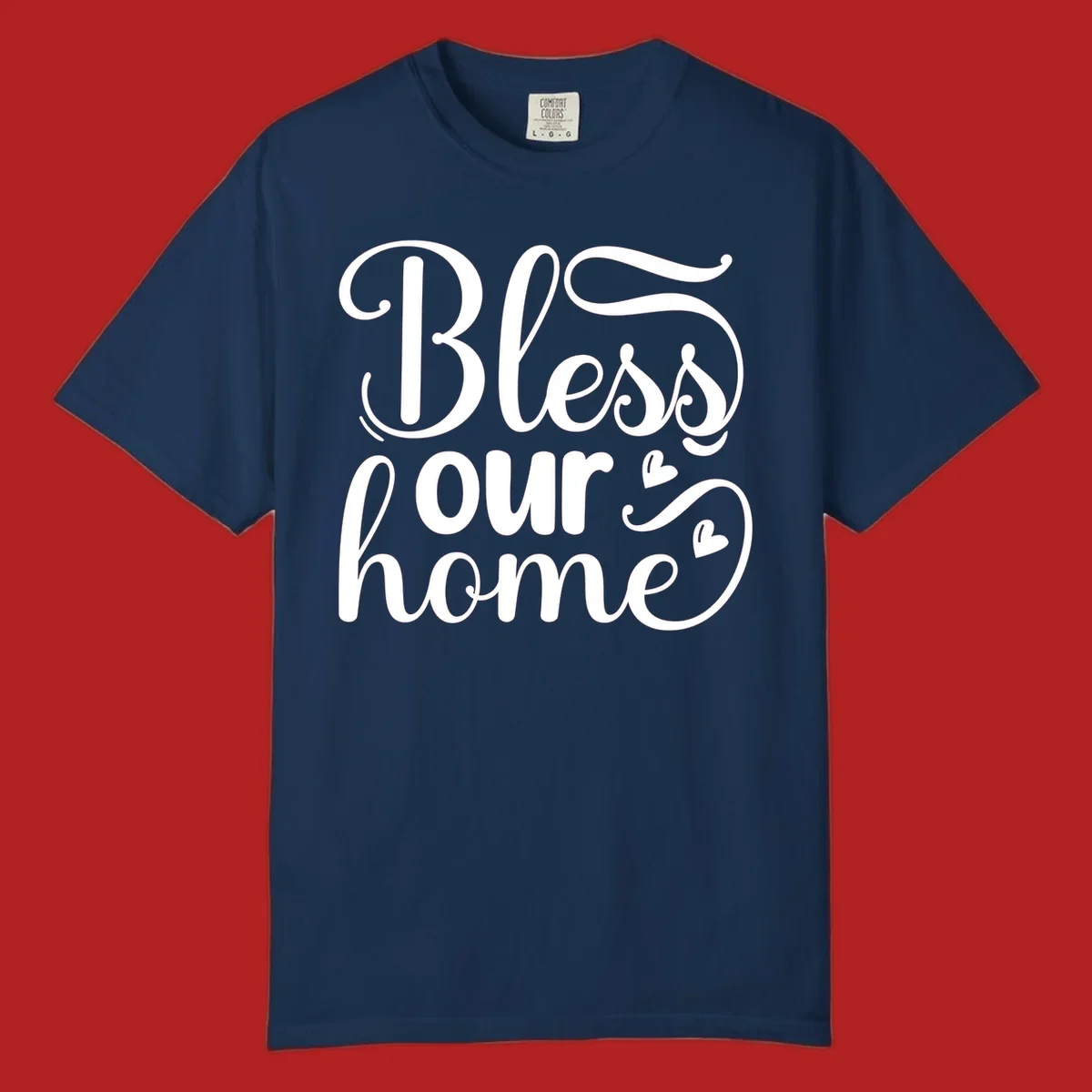 Bless our home script typography with hearts. White text on black and white backgrounds.