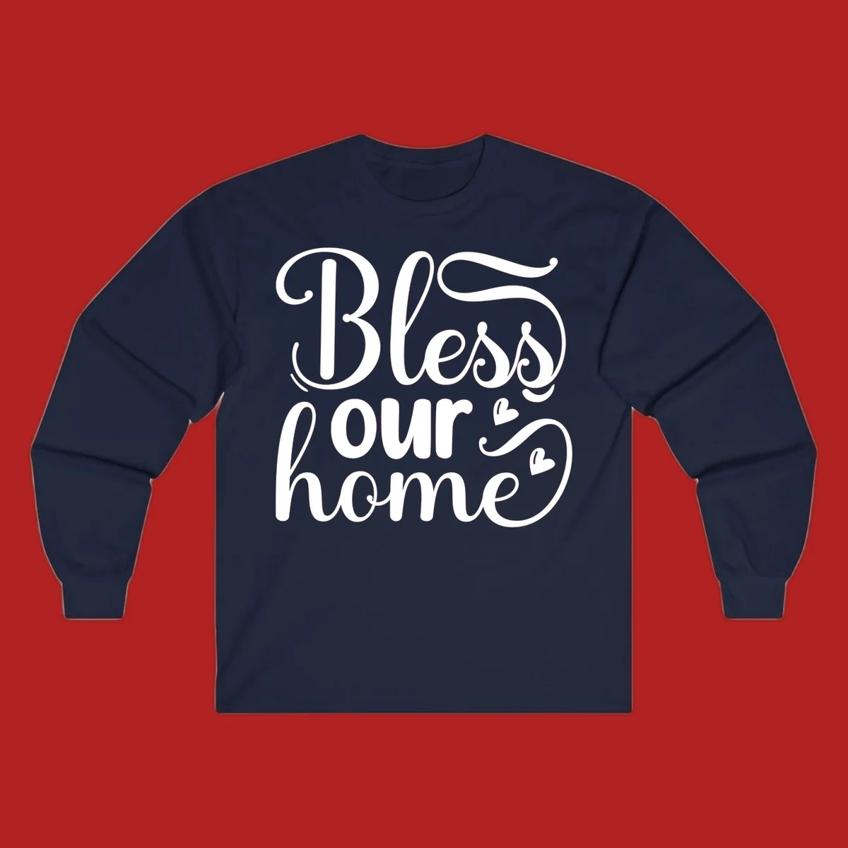 Bless our home script typography with hearts. White text on black and white backgrounds.