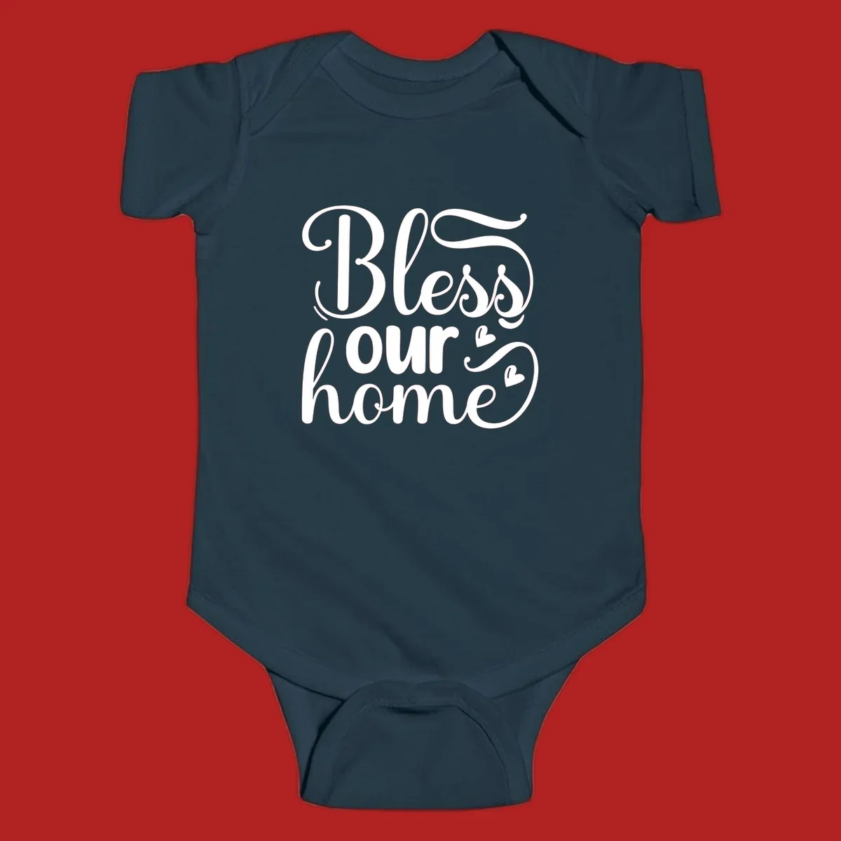 Bless our home script typography with hearts. White text on black and white backgrounds.