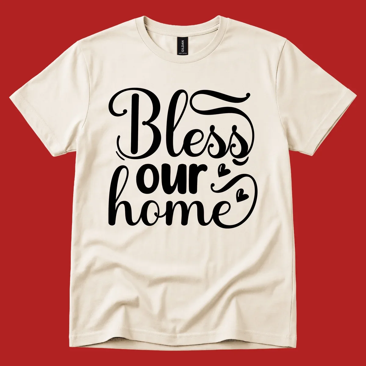Bless our home script typography with hearts. White text on black and white backgrounds.