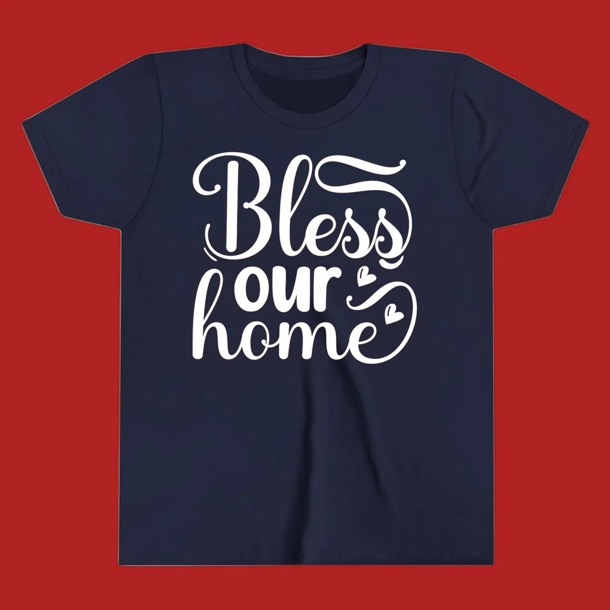 Bless our home script typography with hearts. White text on black and white backgrounds.
