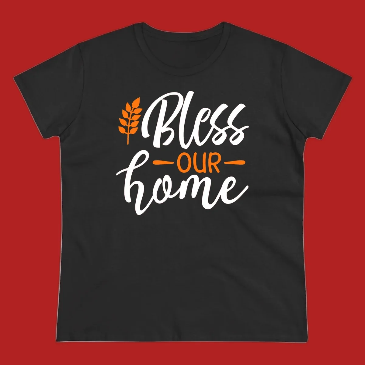 Bless our home autumn wheat design with orange wheat stalk and text.