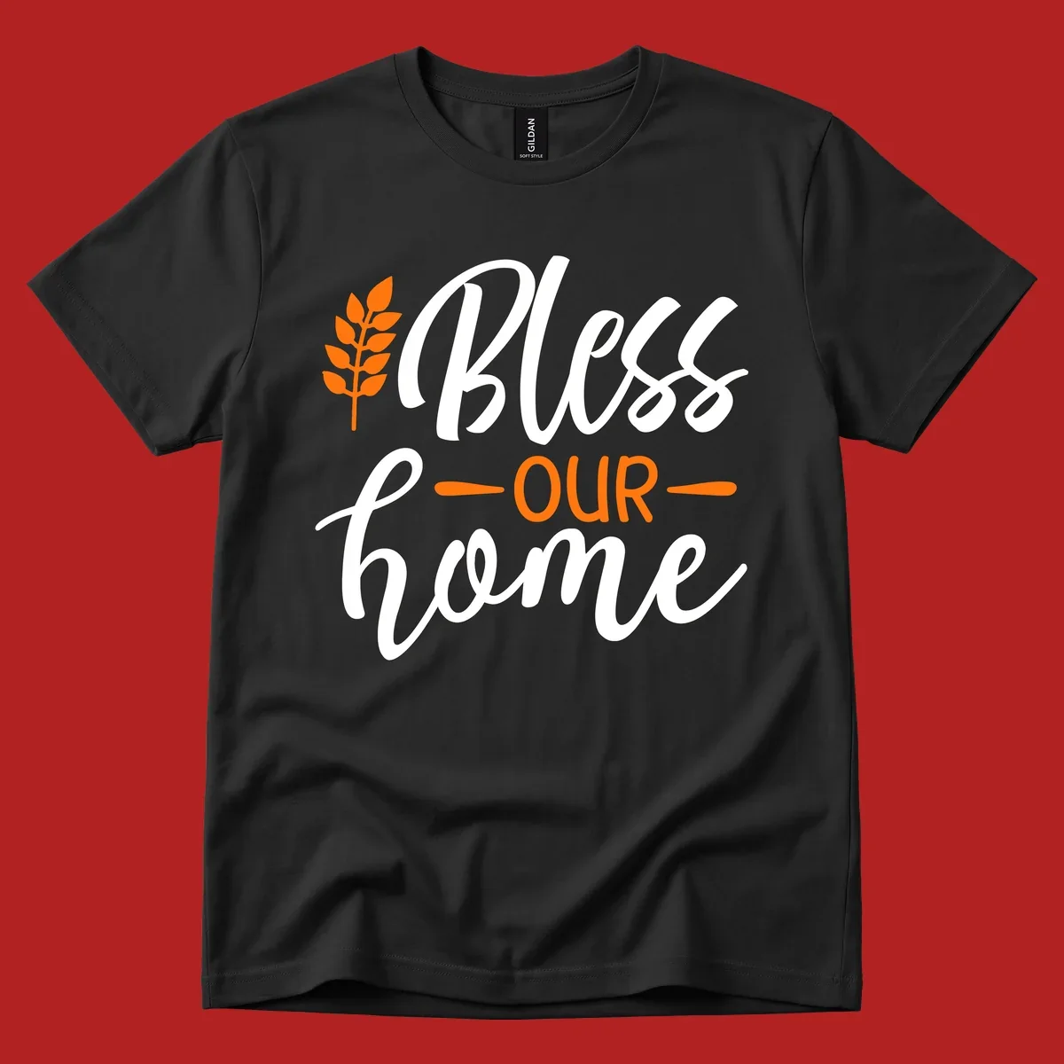 Bless our home autumn wheat design with orange wheat stalk and text.