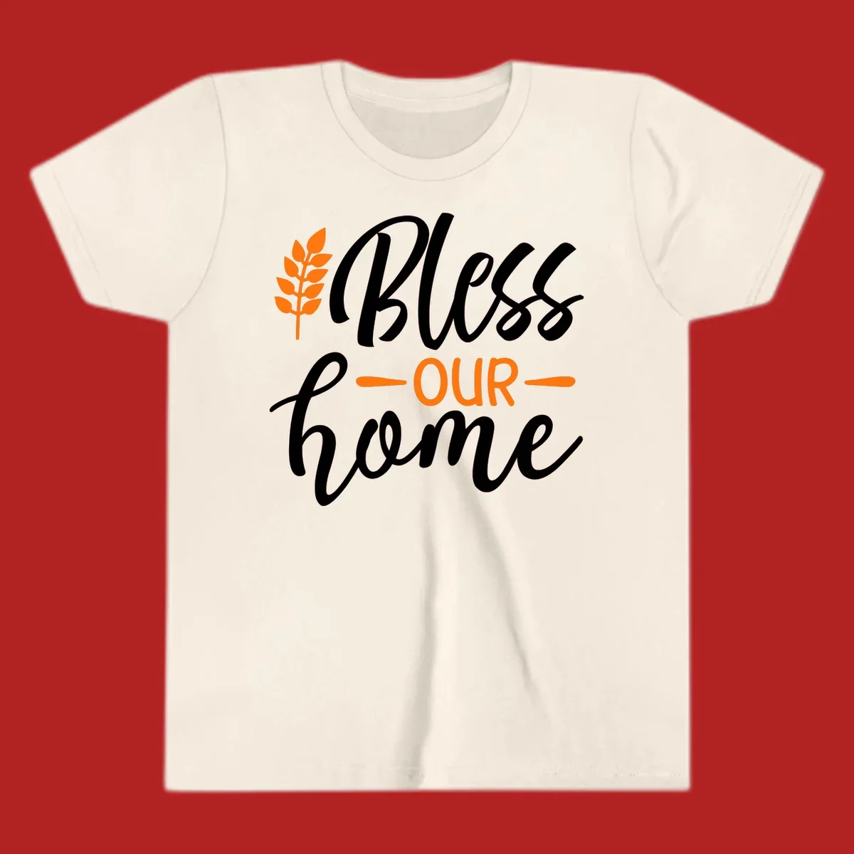 Bless our home autumn wheat design with orange wheat stalk and text.