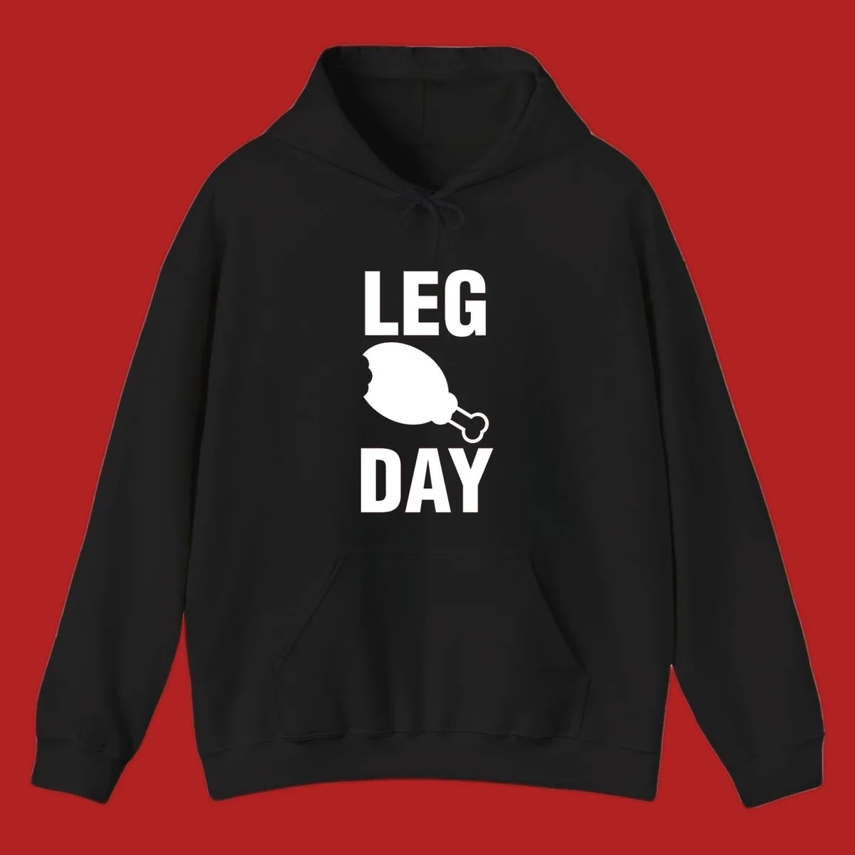 Bold text LEG DAY with a bitten chicken leg graphic in between.