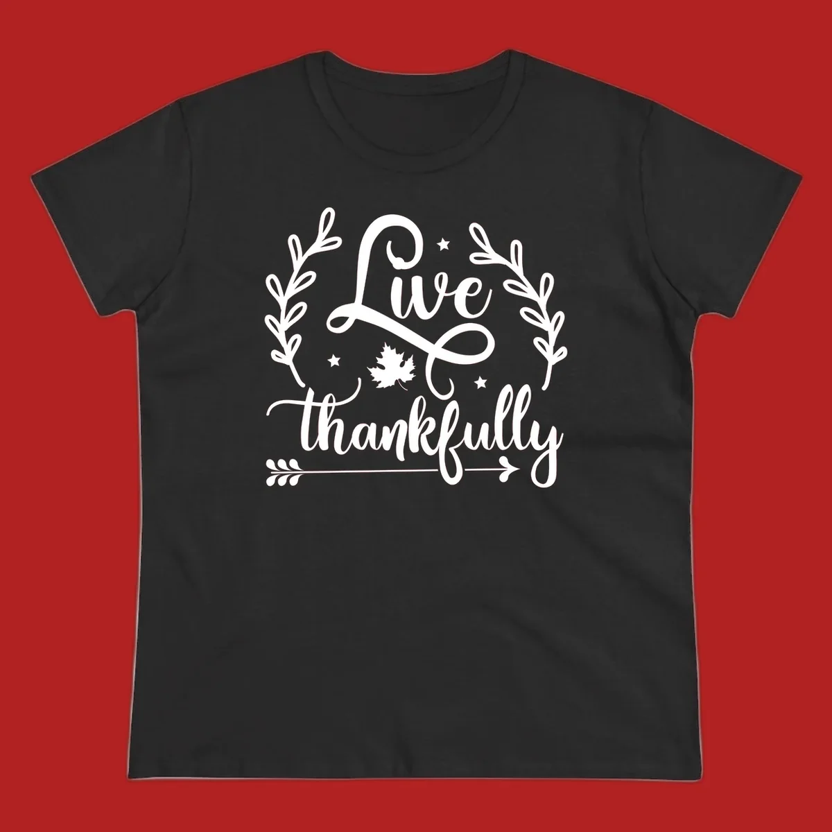 Live thankfully fall design with script text, leaves, and stars.