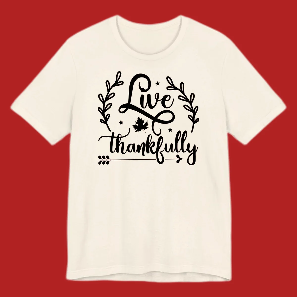 Live thankfully fall design with script text, leaves, and stars.