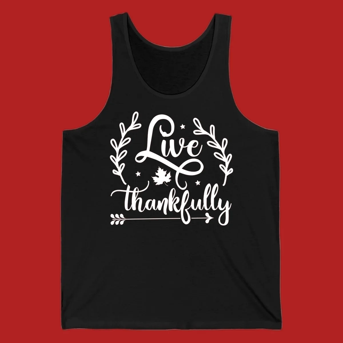 Live thankfully fall design with script text, leaves, and stars.