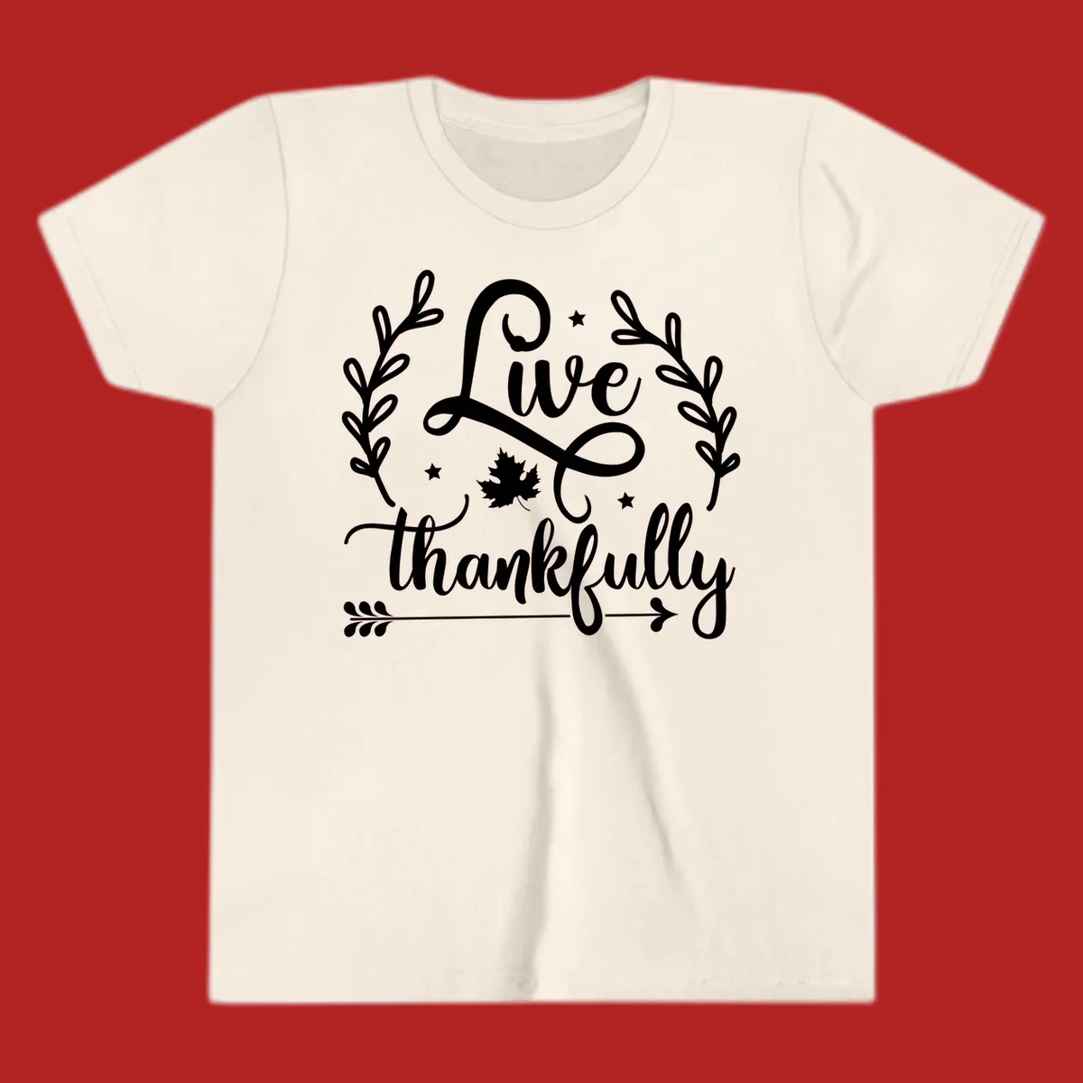 Live thankfully fall design with script text, leaves, and stars.
