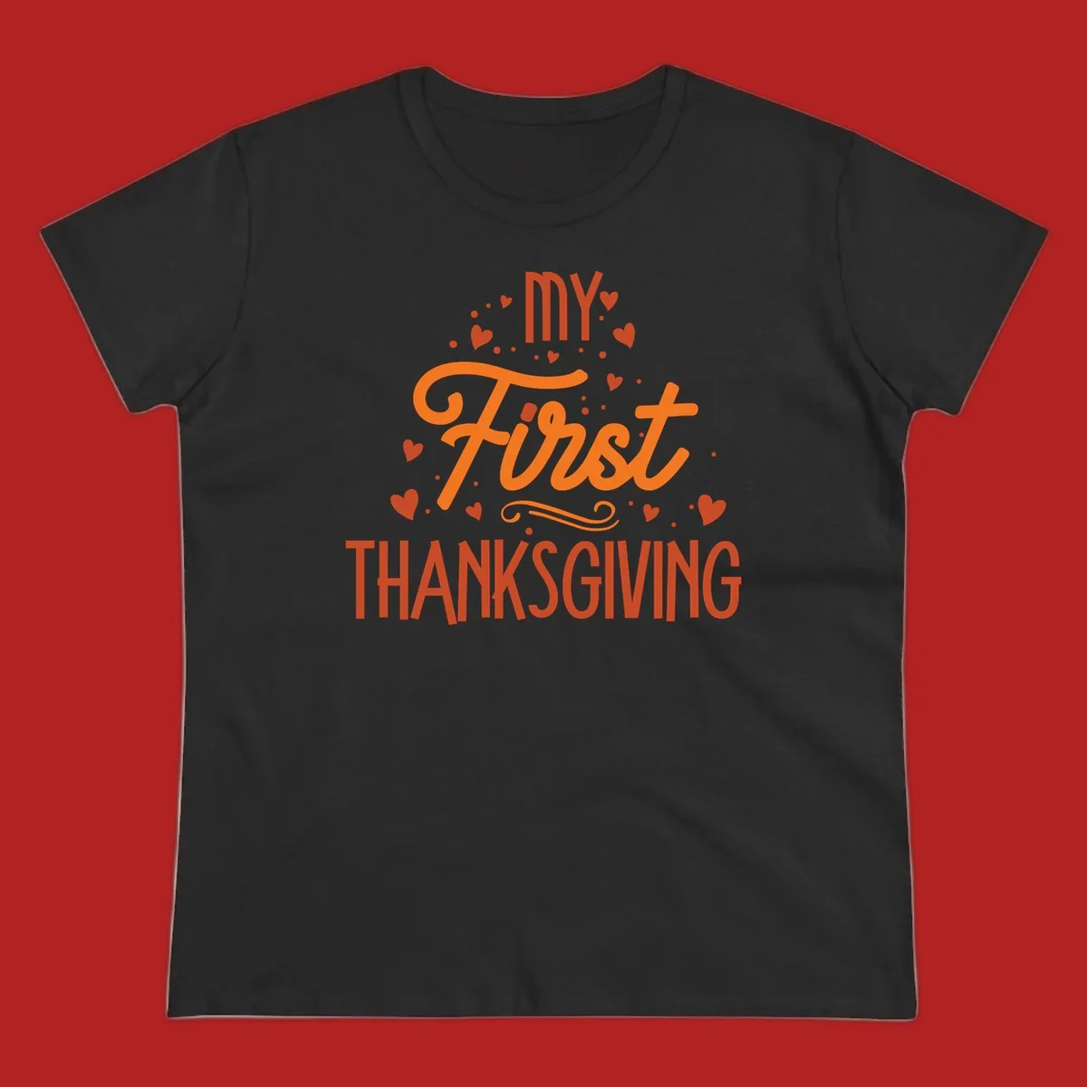 My First Thanksgiving text with hearts and dots illustration, for baby's first holiday.