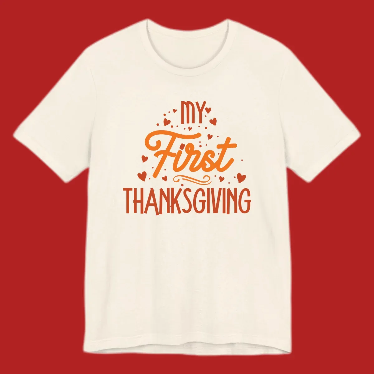 My First Thanksgiving text with hearts and dots illustration, for baby's first holiday.