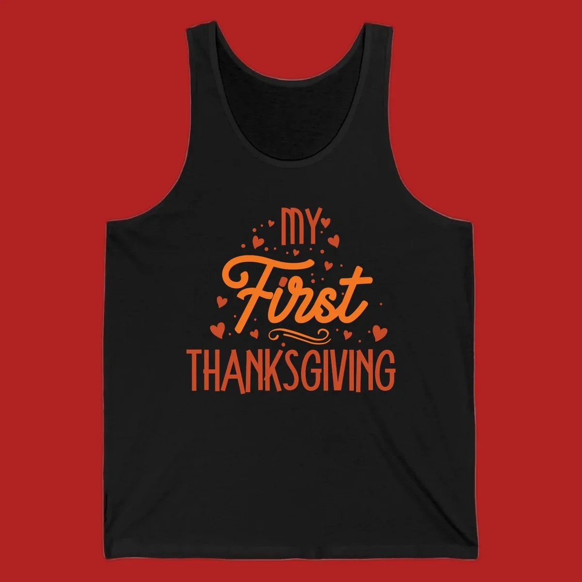 My First Thanksgiving text with hearts and dots illustration, for baby's first holiday.
