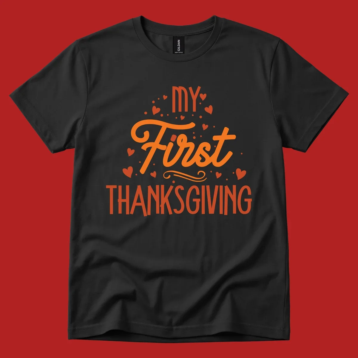 My First Thanksgiving text with hearts and dots illustration, for baby's first holiday.