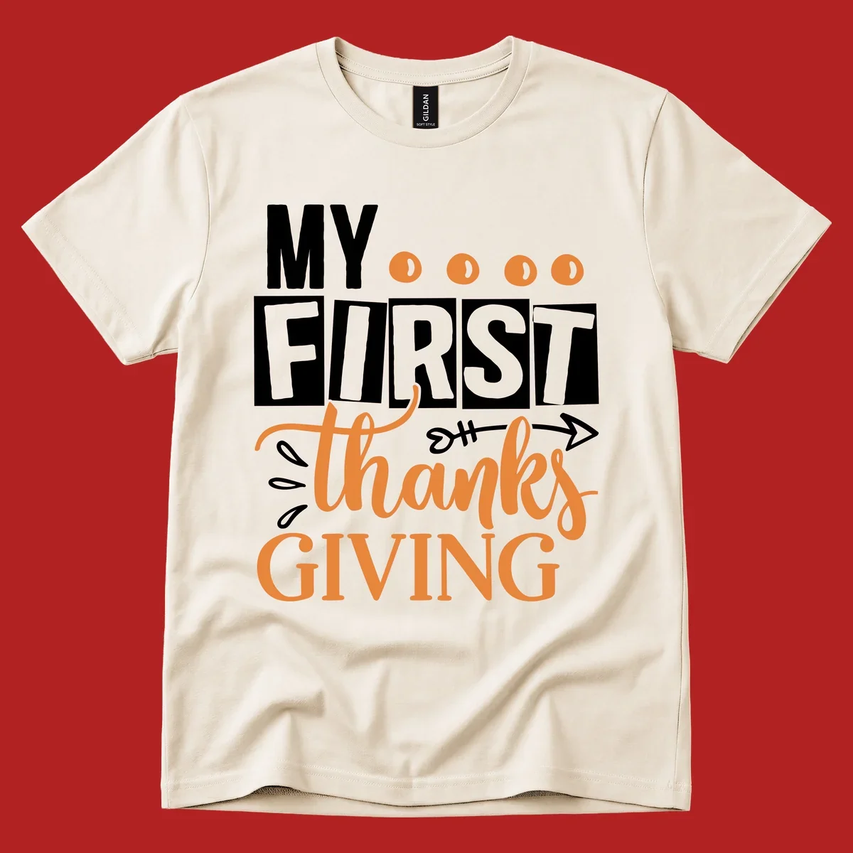 My First Thanksgiving baby design with bold text and festive accents.