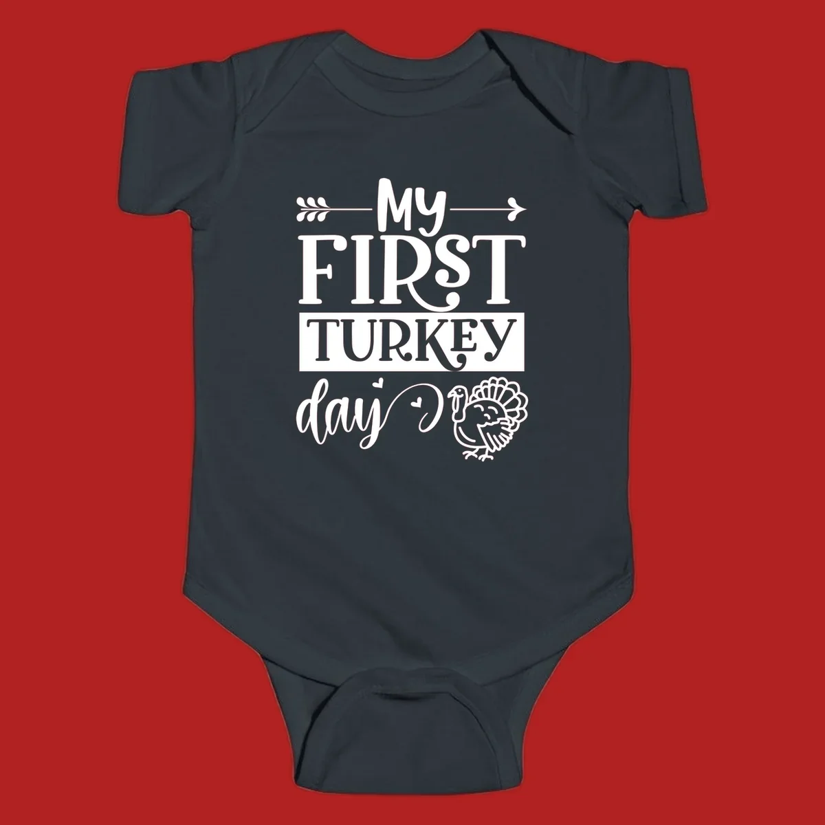 My First Turkey Day baby design with text and a cute turkey illustration.