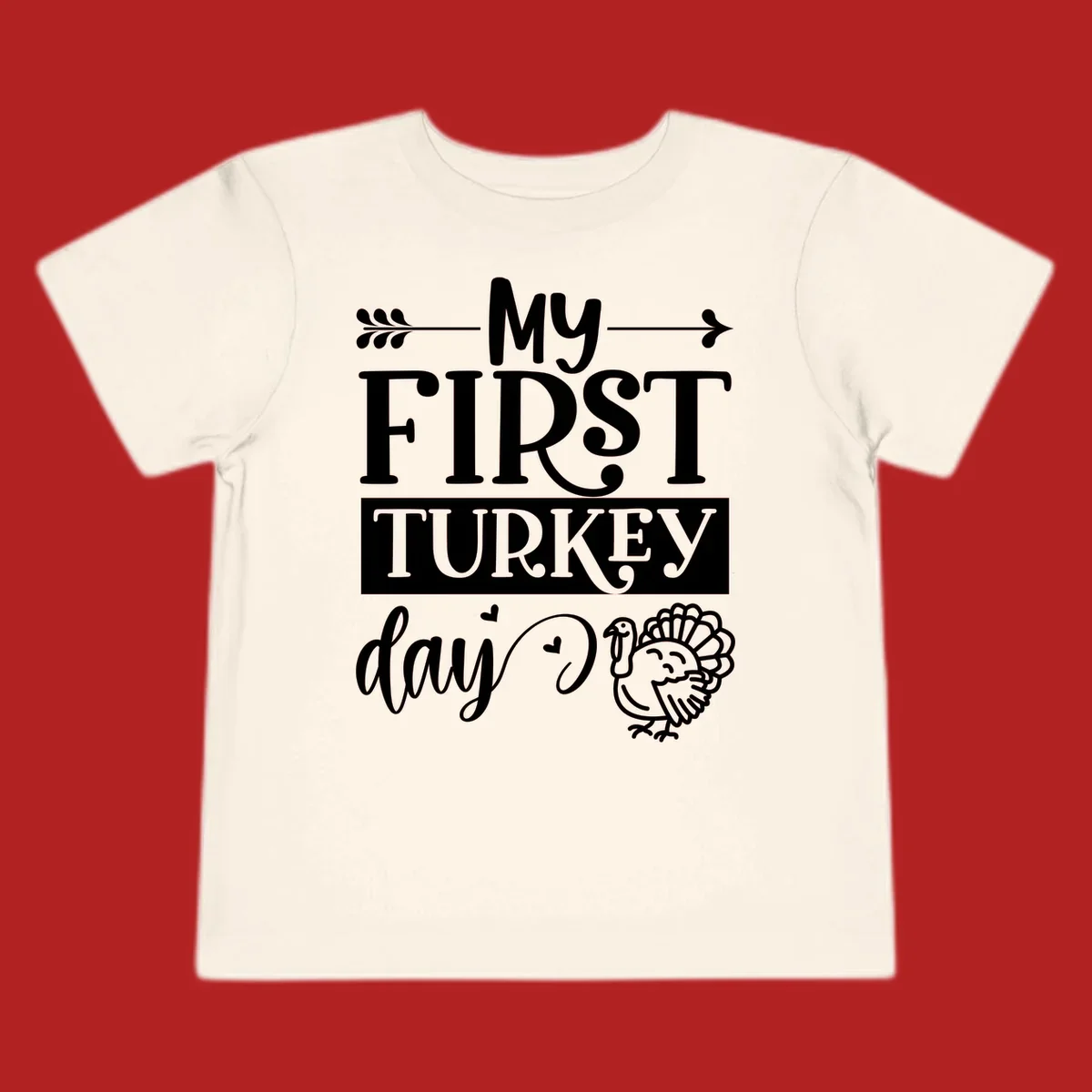 My First Turkey Day baby design with text and a cute turkey illustration.