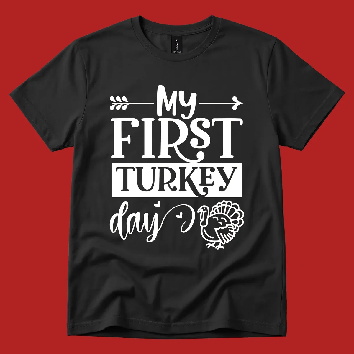 My First Turkey Day baby design with text and a cute turkey illustration.