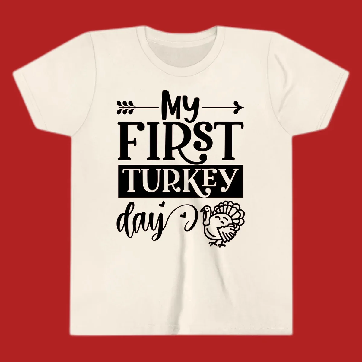 My First Turkey Day baby design with text and a cute turkey illustration.