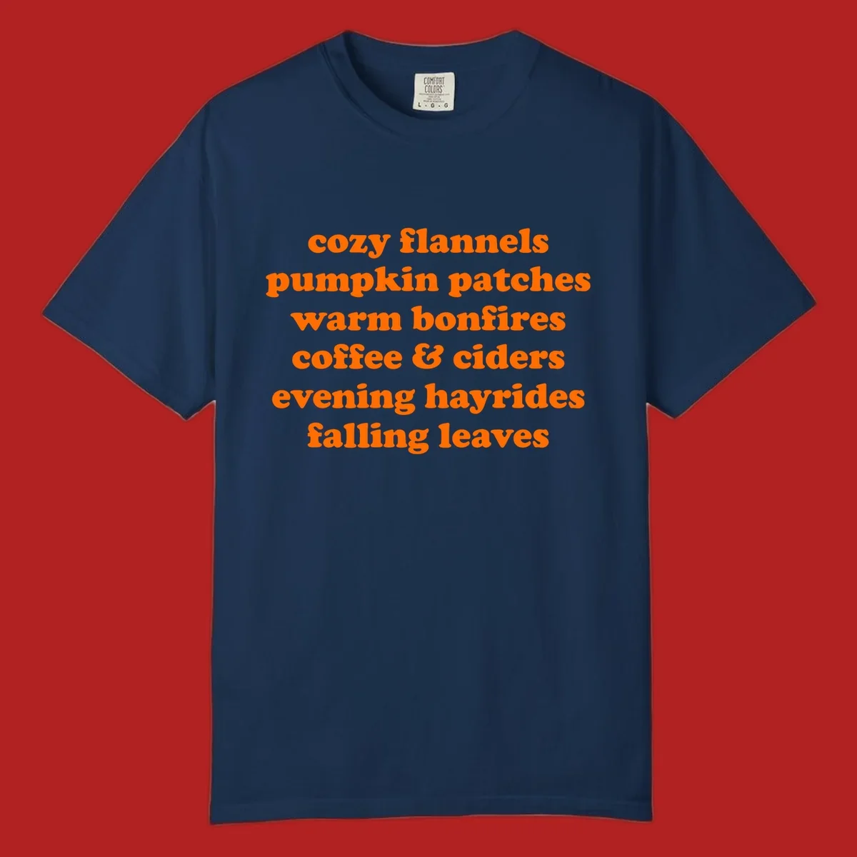 Orange text listing cozy fall activities like pumpkin patches and warm bonfires.