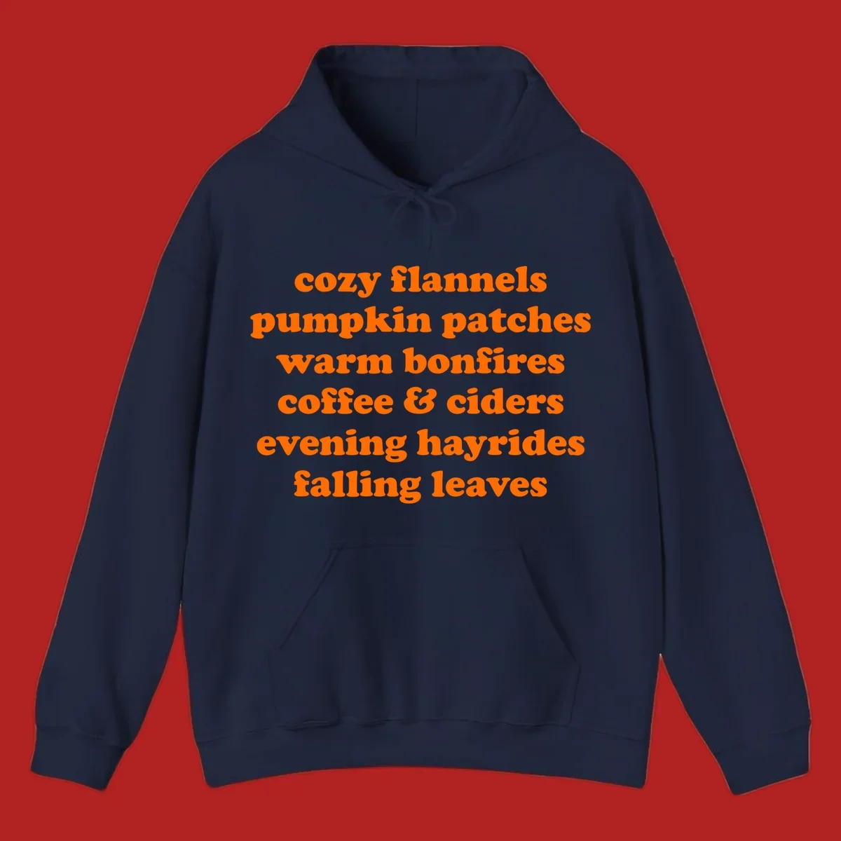 Orange text listing cozy fall activities like pumpkin patches and warm bonfires.