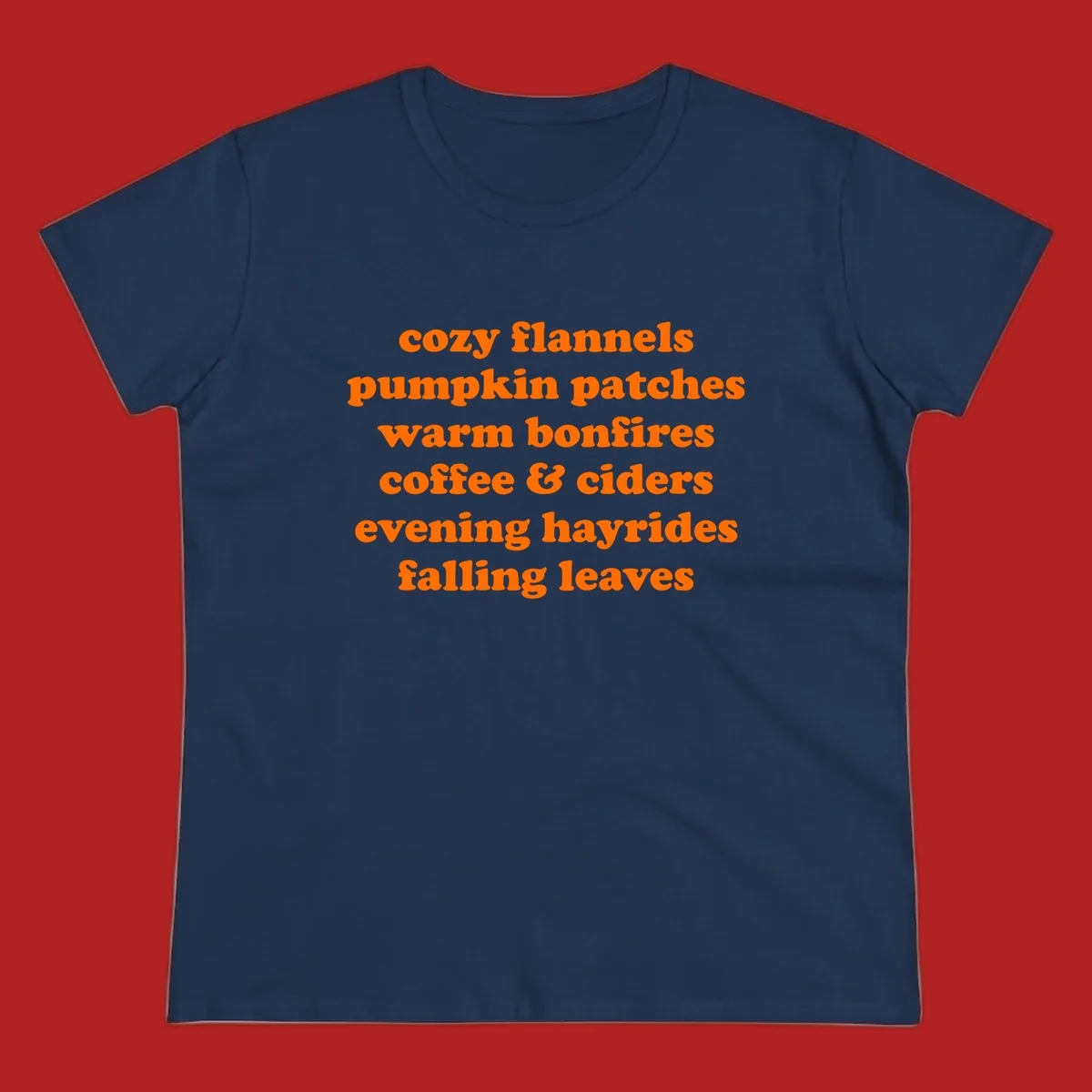Orange text listing cozy fall activities like pumpkin patches and warm bonfires.