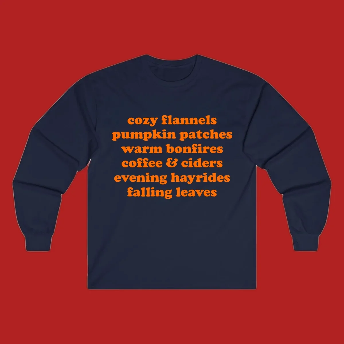 Orange text listing cozy fall activities like pumpkin patches and warm bonfires.
