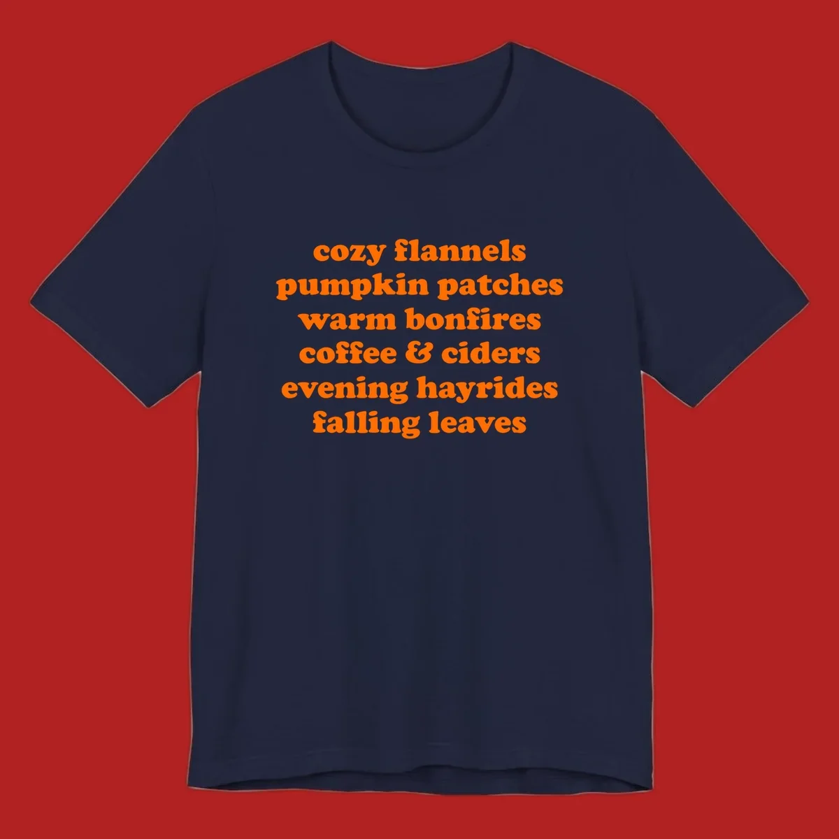Orange text listing cozy fall activities like pumpkin patches and warm bonfires.