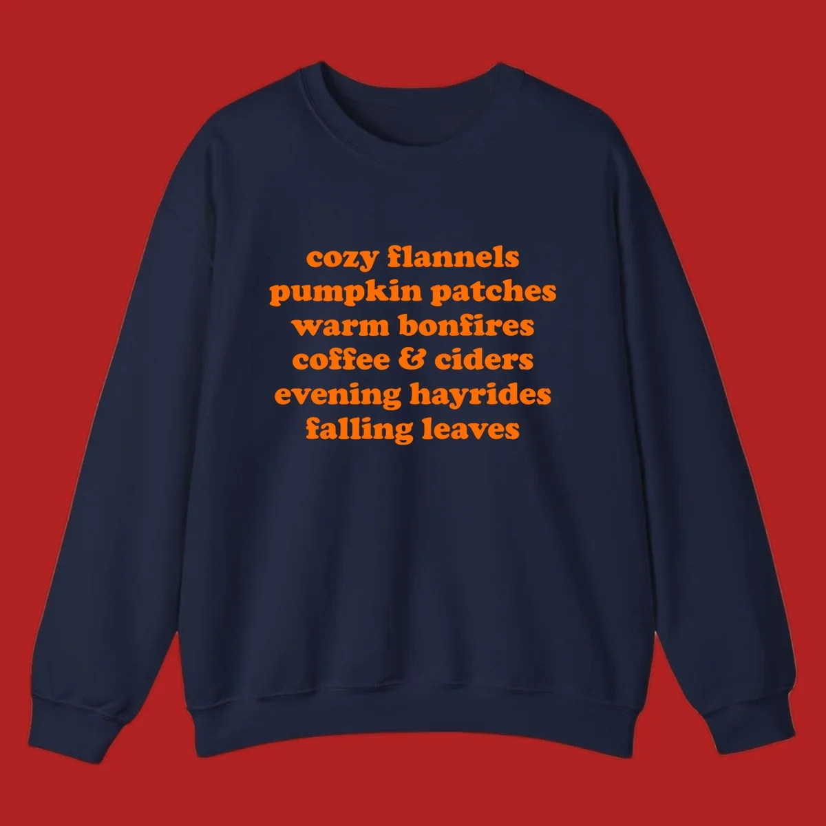 Orange text listing cozy fall activities like pumpkin patches and warm bonfires.