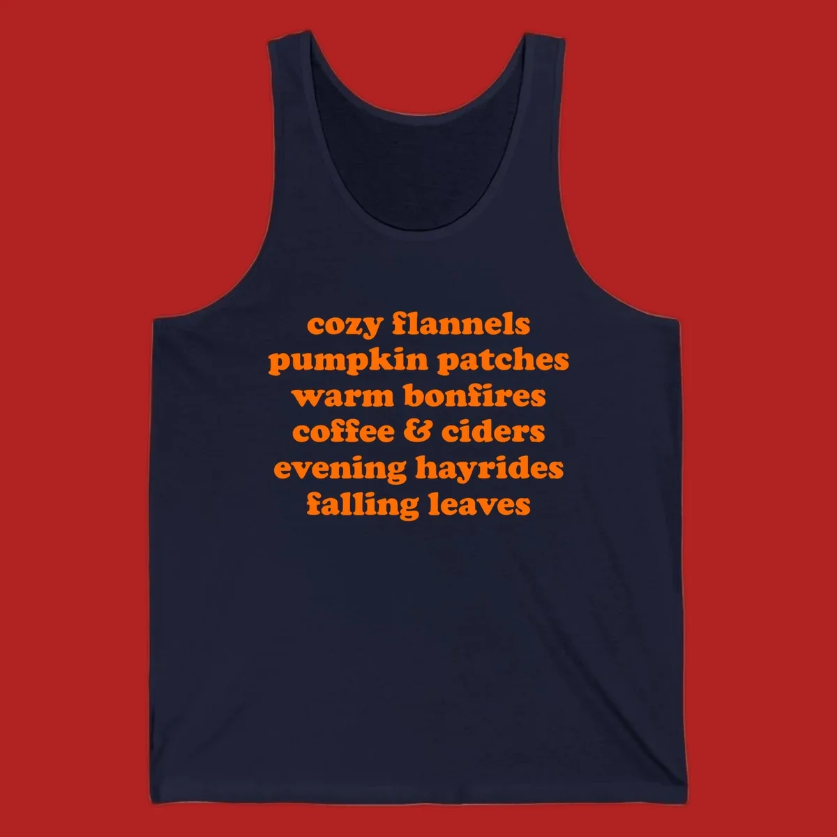 Orange text listing cozy fall activities like pumpkin patches and warm bonfires.