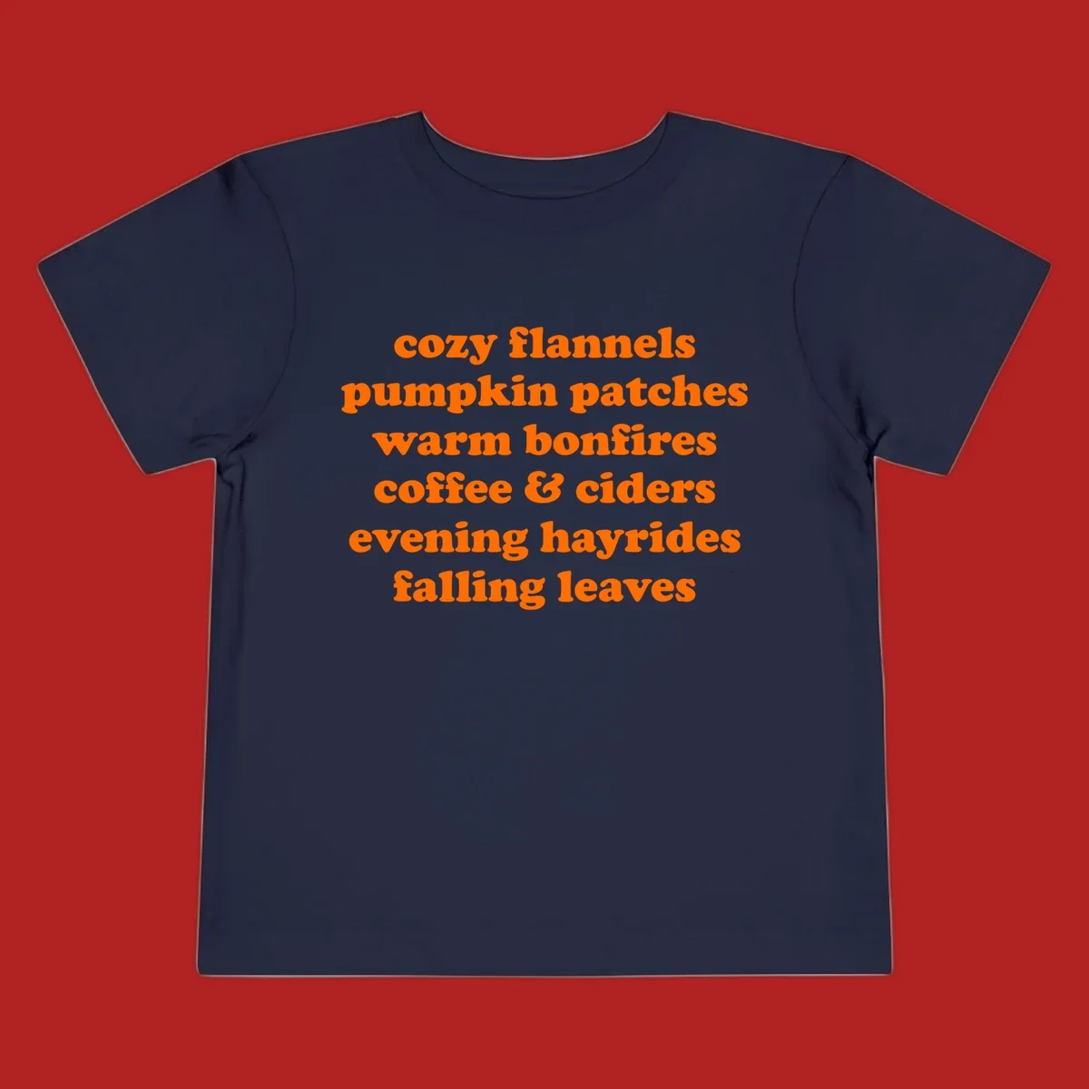 Orange text listing cozy fall activities like pumpkin patches and warm bonfires.