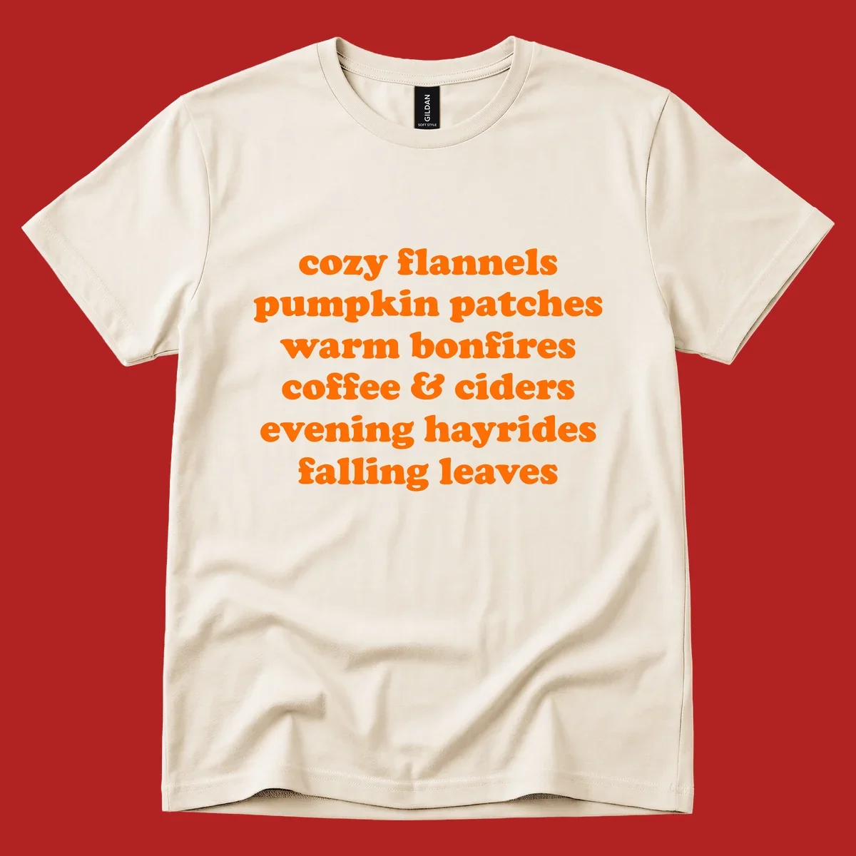 Orange text listing cozy fall activities like pumpkin patches and warm bonfires.