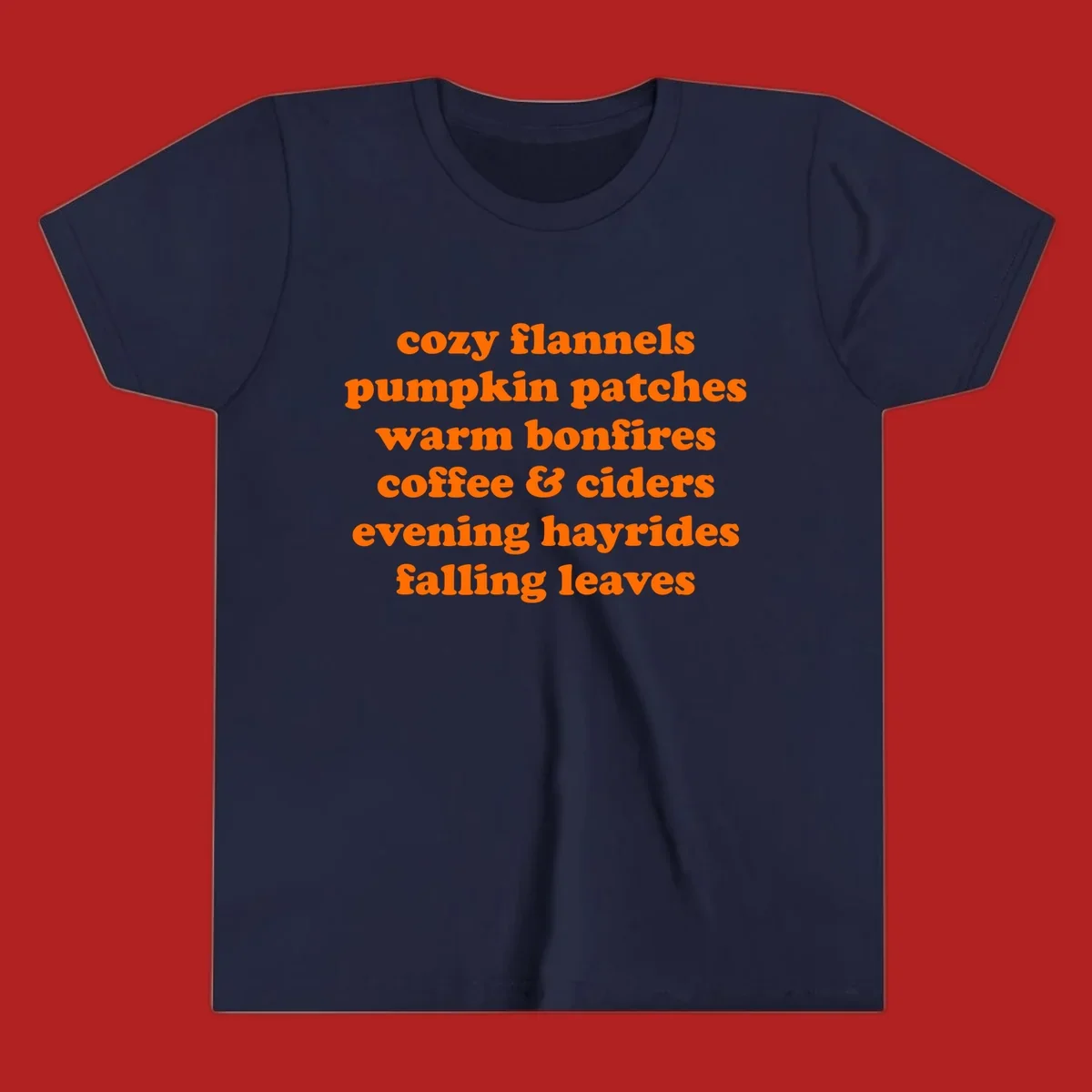 Orange text listing cozy fall activities like pumpkin patches and warm bonfires.