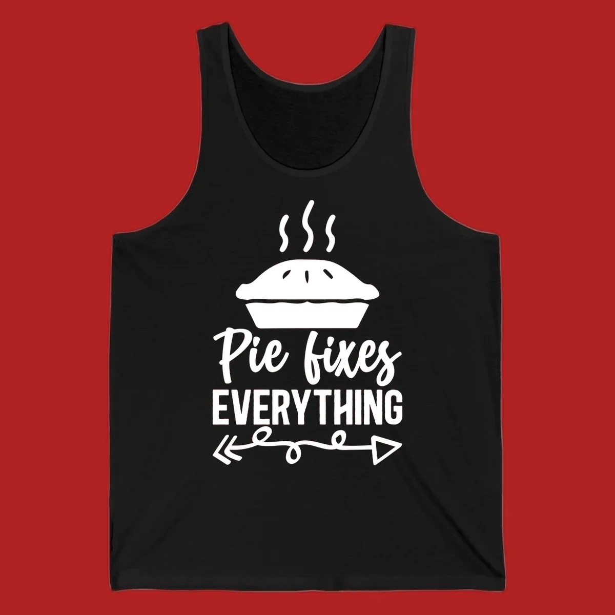 Pie fixes everything graphic with steaming pie and decorative arrows.