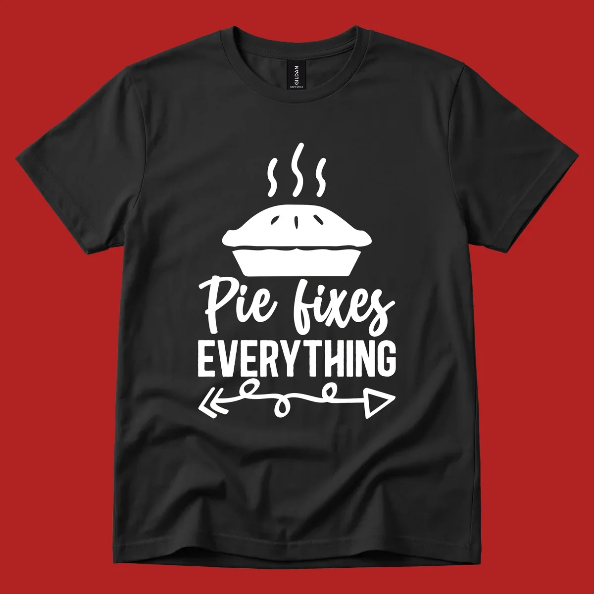 Pie fixes everything graphic with steaming pie and decorative arrows.