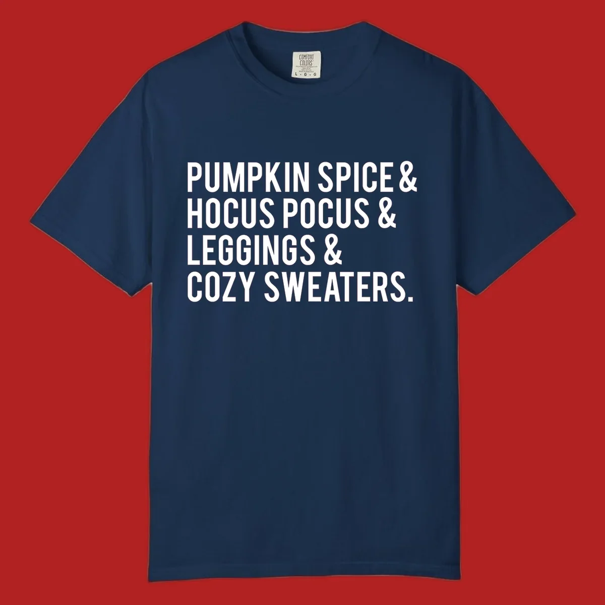 Bold white text listing fall favorites: pumpkin spice, hocus pocus, leggings, cozy sweaters.