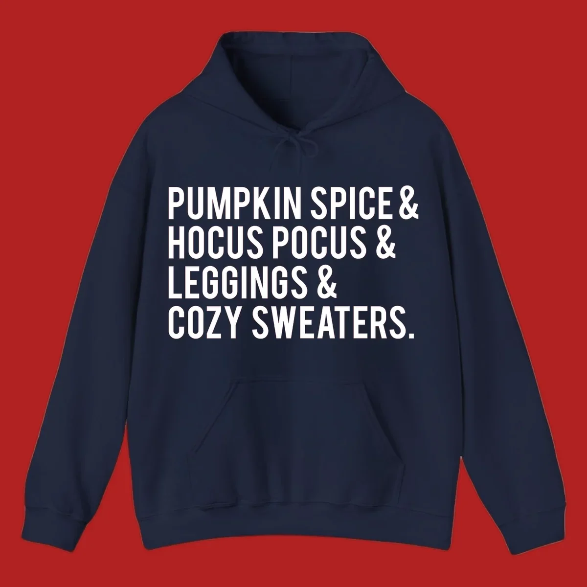 Bold white text listing fall favorites: pumpkin spice, hocus pocus, leggings, cozy sweaters.