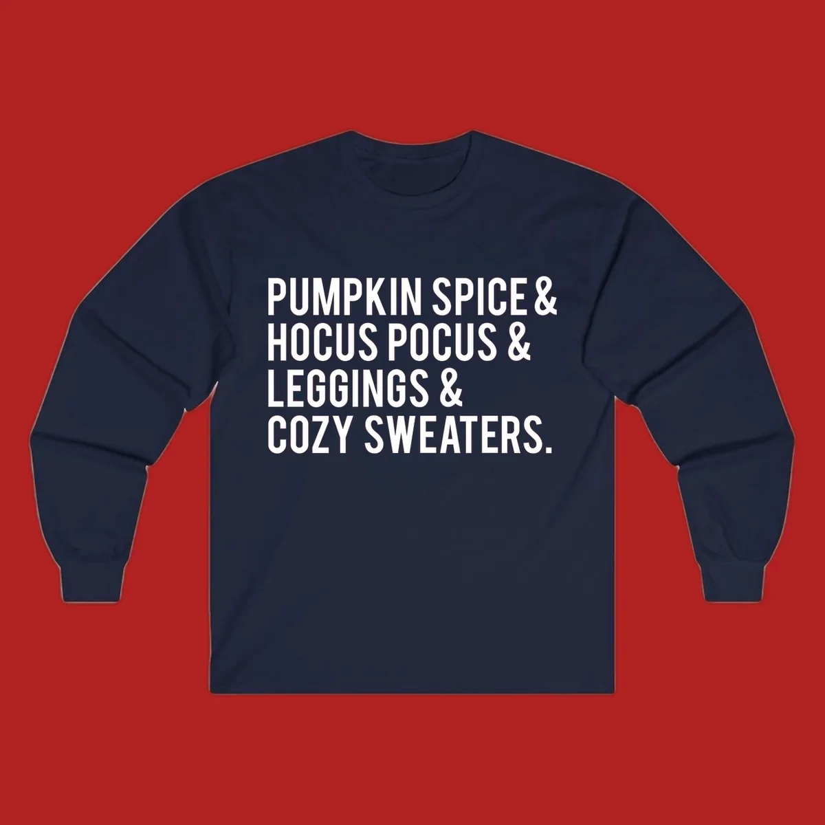 Bold white text listing fall favorites: pumpkin spice, hocus pocus, leggings, cozy sweaters.