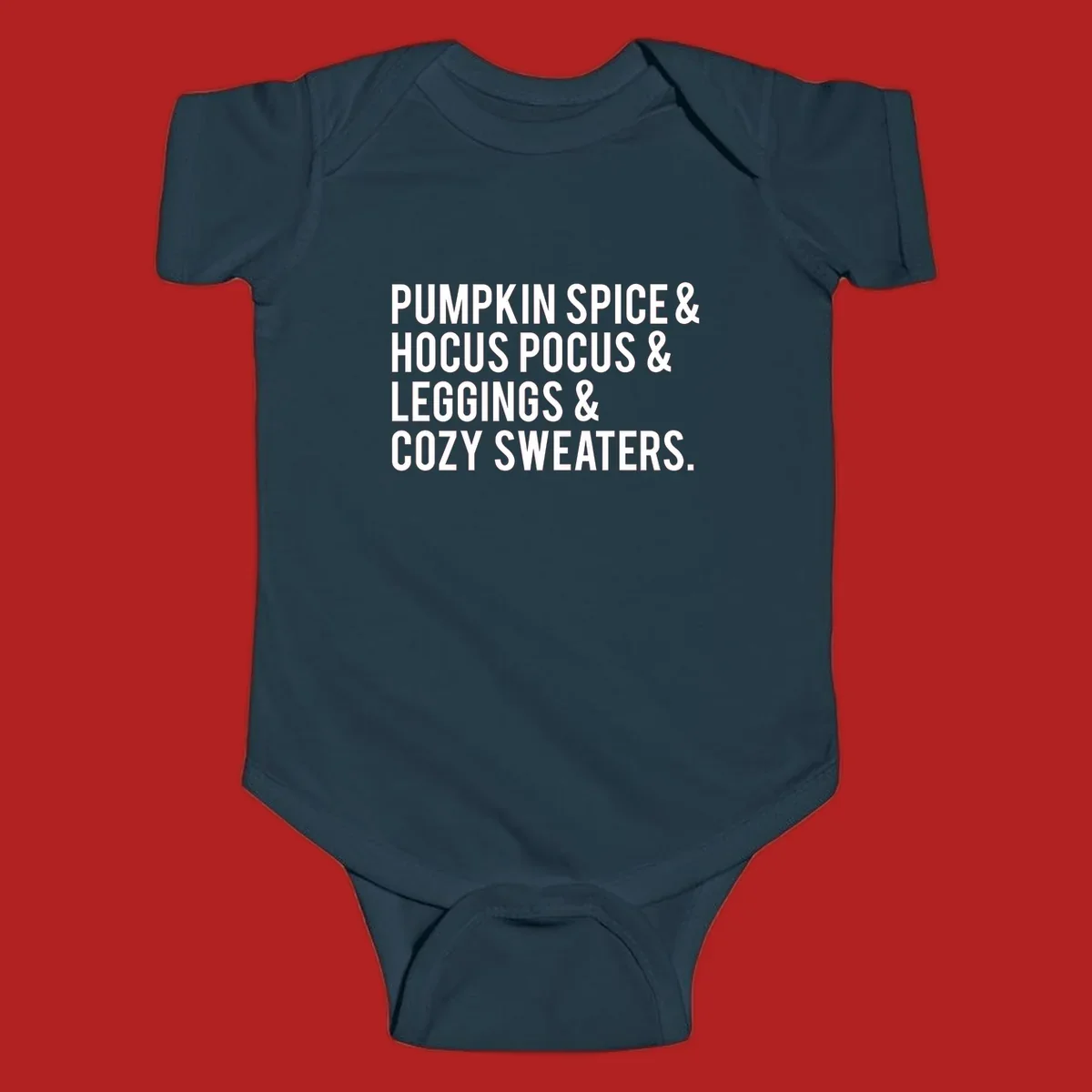 Bold white text listing fall favorites: pumpkin spice, hocus pocus, leggings, cozy sweaters.